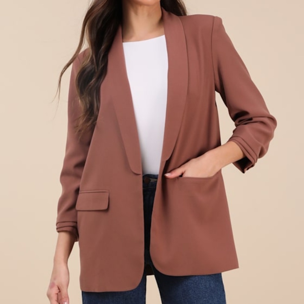 Lulus Superior Aesthetic Brown Three-quarter Sleeve Ruched Blazer - Size M